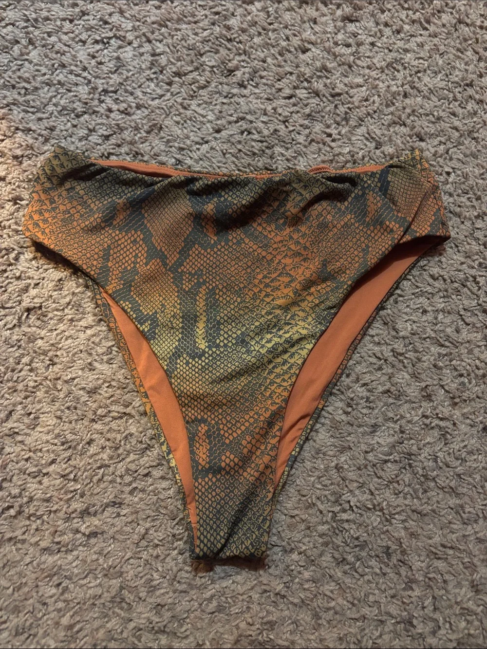 SKIMS Snake-Print High-Waist Bikini Bottoms in Burnt Orange and Olive